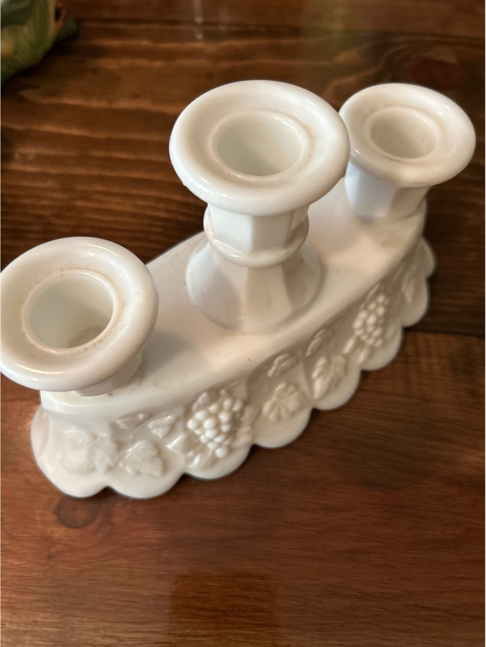 Vintage White glass Triple Candle Holder with Grape Motif